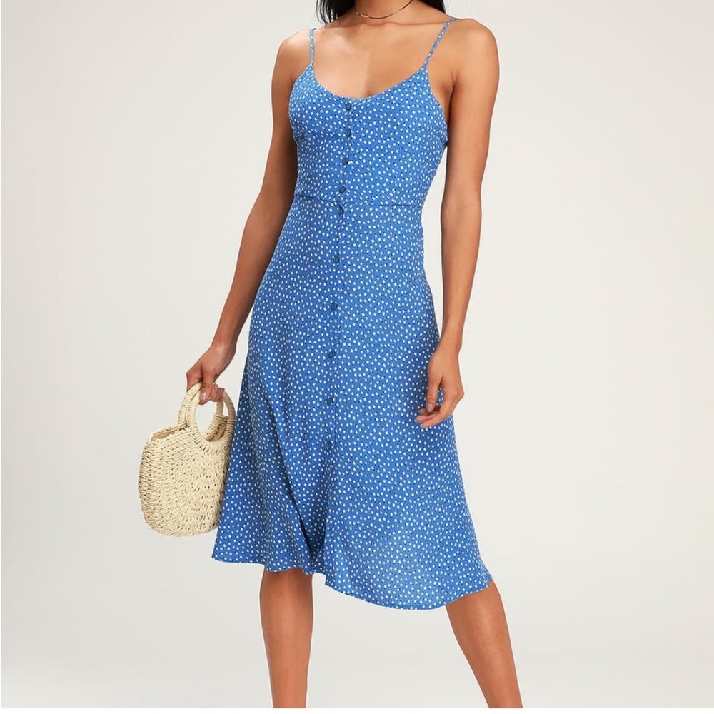 Rolla’s Midsommer Mini Blue Tulip Print MIDI Dress Medium White Black Button M